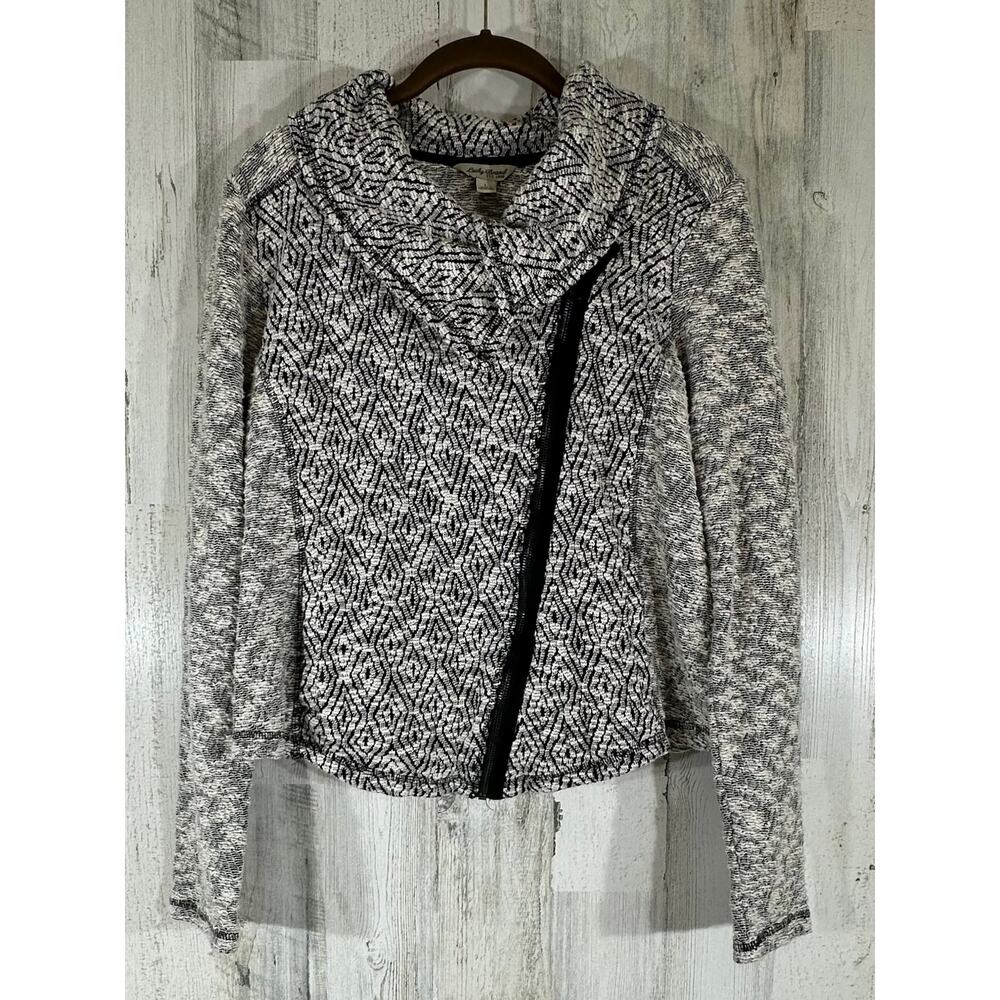 Lucky Brand Boucle Knit‎ Sweater Moto Jacket Size Large Black White Cowl Neck